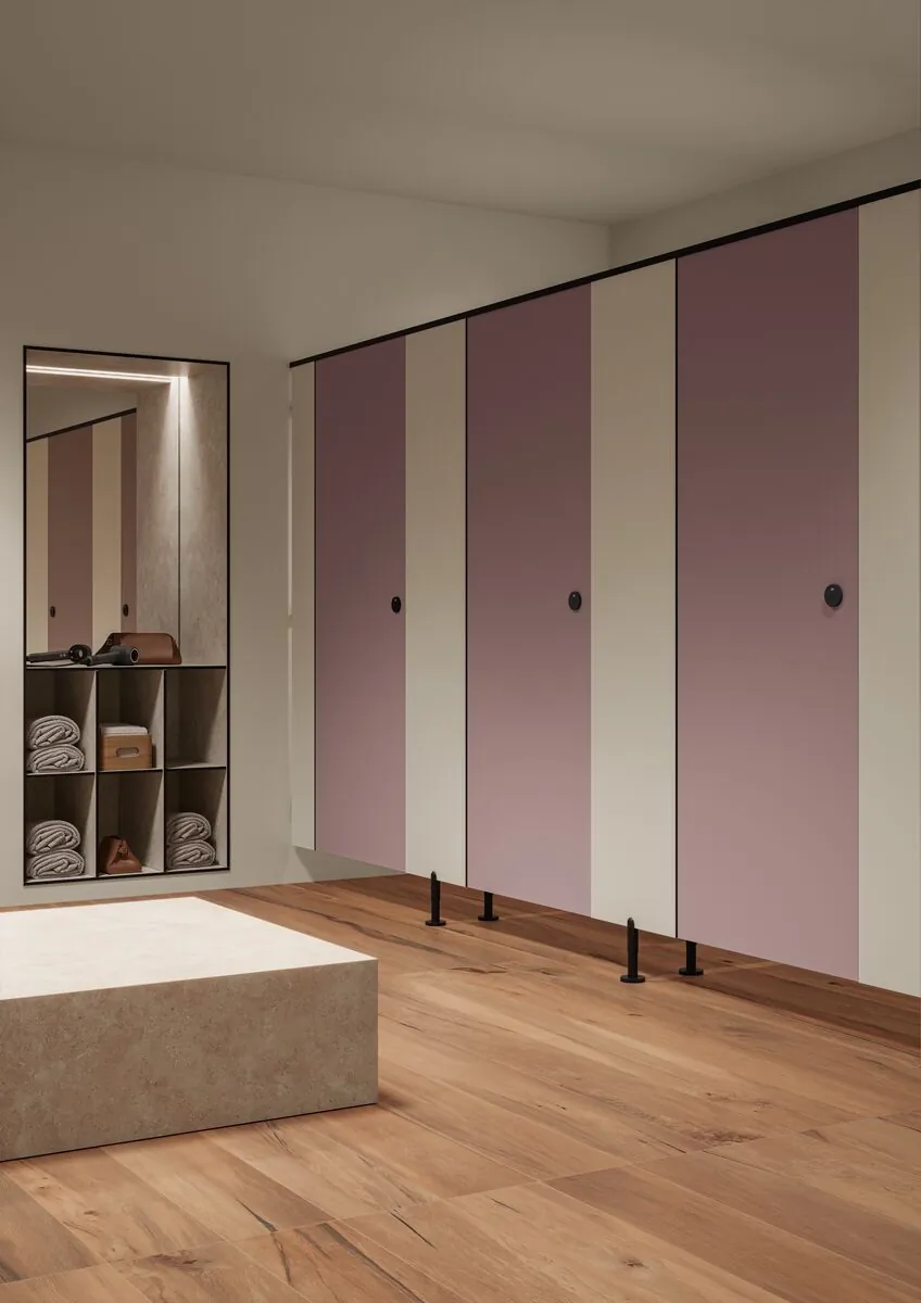 Cabines sanitaires en stratifié rose et beige