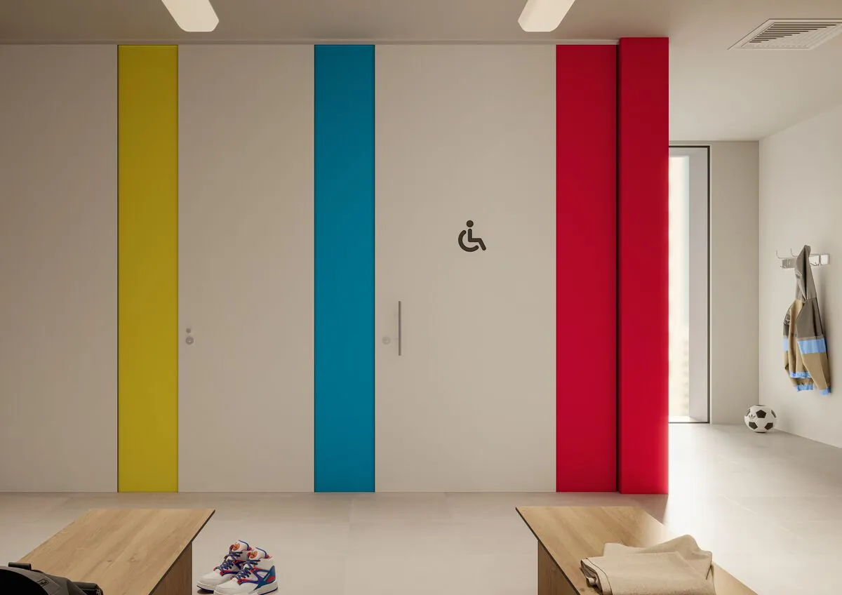 Cloisons de sanitaires en stratifié avec bandes de couleur