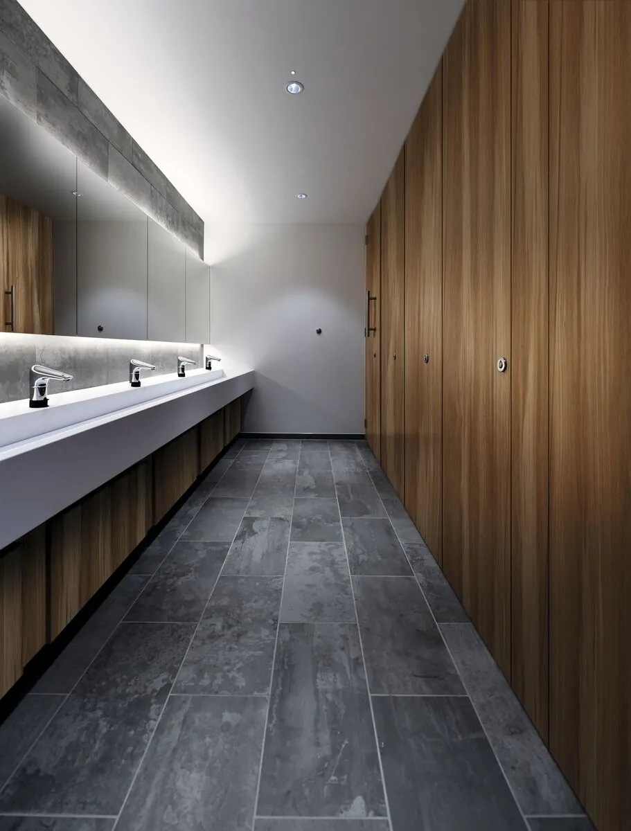 Sanitaires en stratifié décor bois, cabines et meubles vasques