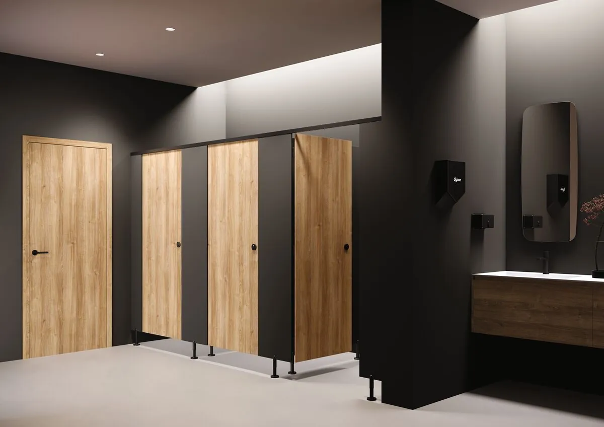 Cabines de sanitaires en stratifié noir et chêne