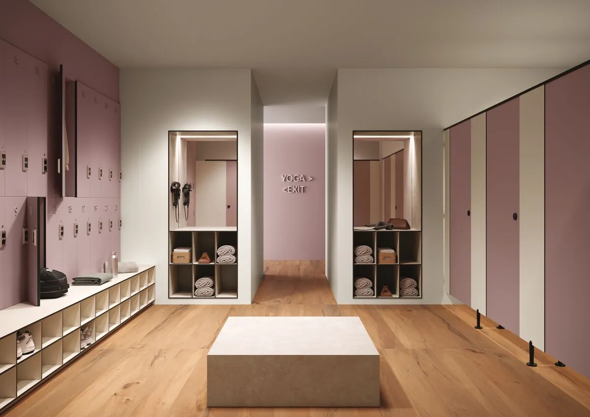 Vestiaire avec casiers en stratifié rose